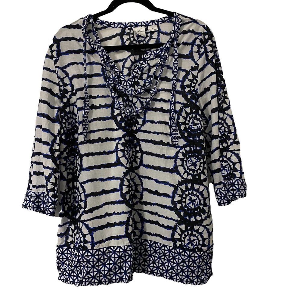Emma James Tunic Blue Tie Dye Design Attached Necklace‎  Top Large